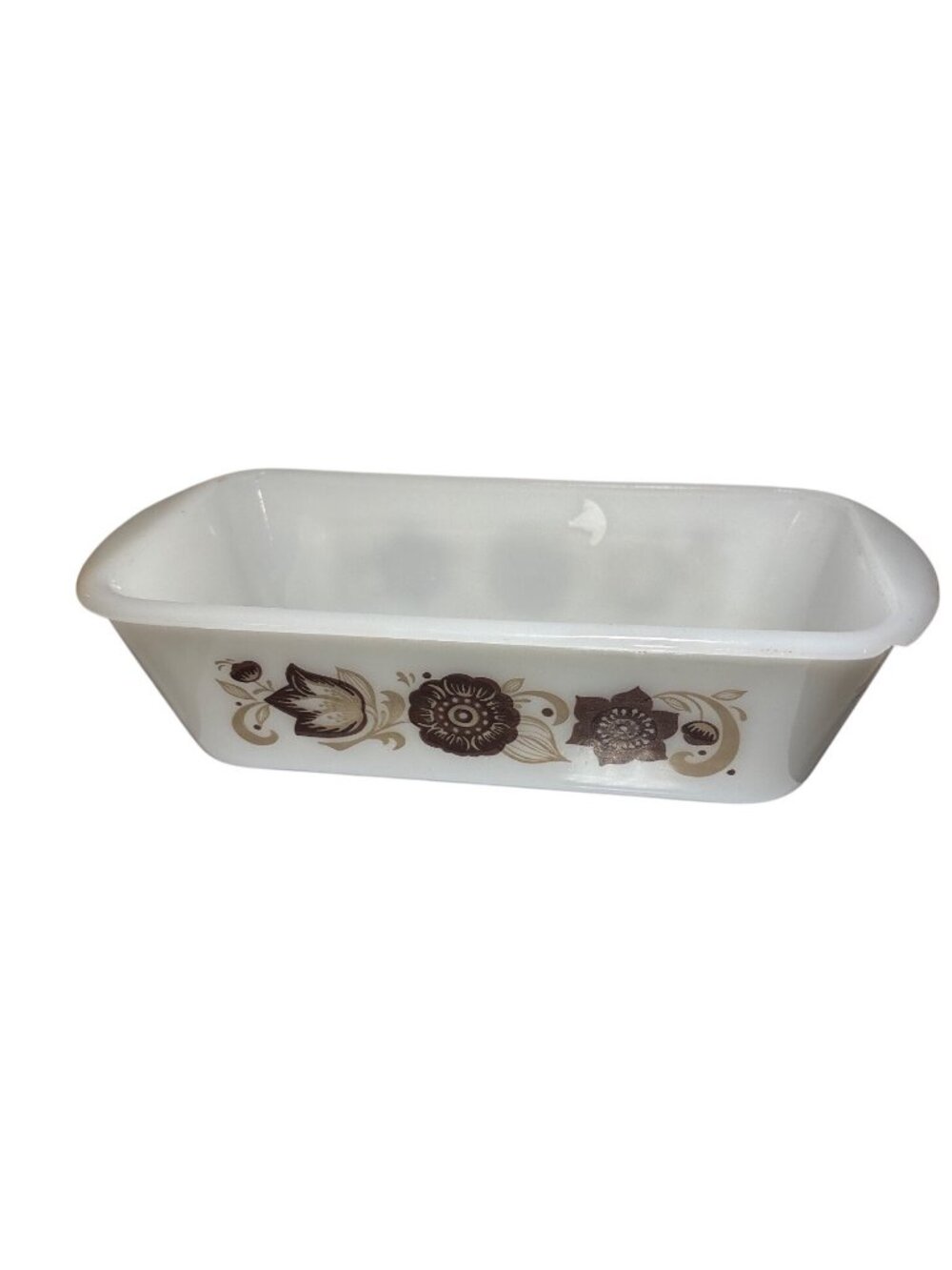 Vintage Glasbake Loaf Pan J522 White Milk Glass Brown Floral Design 1.5 Qt
